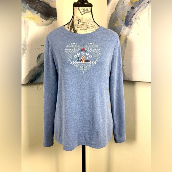 Croft & Barrow Christmas Embroidered Rhinestone Blue Top Size Medium - Picture 1 of 9